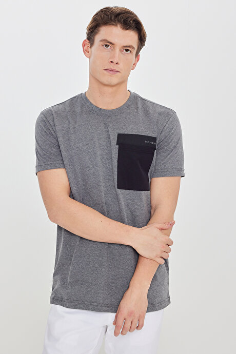 Oversize Bol Kesim Bisiklet Yaka %100 Pamuk Kısa Kollu Desenli Antrasit Tişört resmi