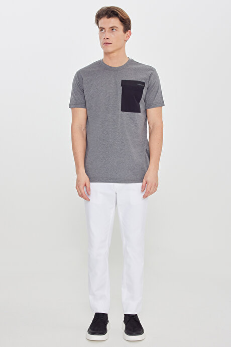 Oversize Bol Kesim Bisiklet Yaka %100 Pamuk Kısa Kollu Desenli Antrasit Tişört resmi