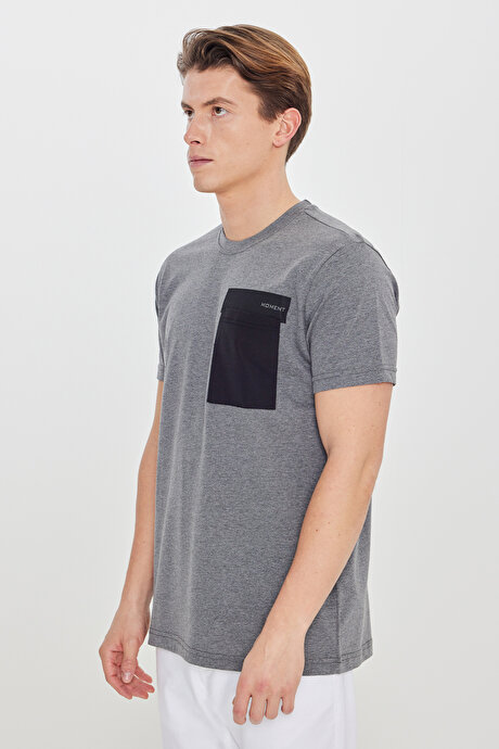 Oversize Bol Kesim Bisiklet Yaka %100 Pamuk Kısa Kollu Desenli Antrasit Tişört resmi