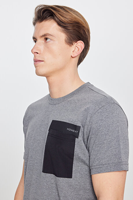 Oversize Bol Kesim Bisiklet Yaka %100 Pamuk Kısa Kollu Desenli Antrasit Tişört resmi