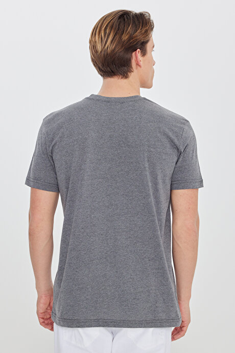 Oversize Bol Kesim Bisiklet Yaka %100 Pamuk Kısa Kollu Desenli Antrasit Tişört resmi