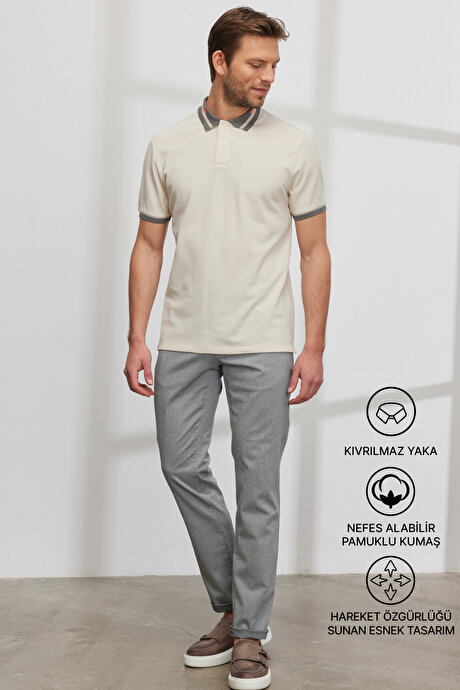 Slim Fit Dar Kesim Polo Yaka %100 Pamuk Bej Tişört resmi