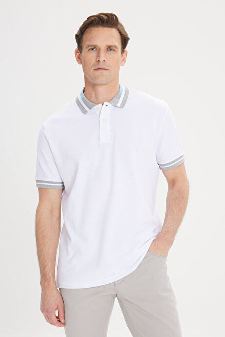 Slim Fit Dar Kesim Polo Yaka %100 Pamuk Beyaz-Turkuaz Tişört resmi