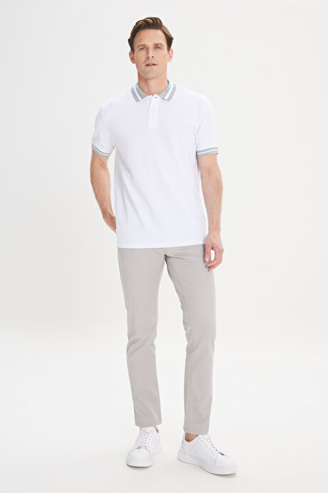 Slim Fit Dar Kesim Polo Yaka %100 Pamuk Beyaz-Turkuaz Tişört resmi