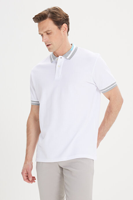 Slim Fit Dar Kesim Polo Yaka %100 Pamuk Beyaz-Turkuaz Tişört resmi