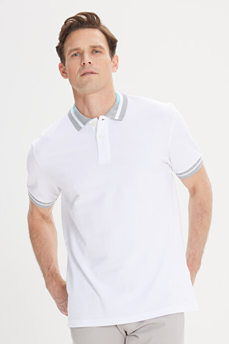 Slim Fit Dar Kesim Polo Yaka %100 Pamuk Beyaz-Turkuaz Tişört resmi