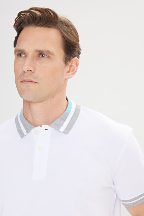 Slim Fit Dar Kesim Polo Yaka %100 Pamuk Beyaz-Turkuaz Tişört resmi