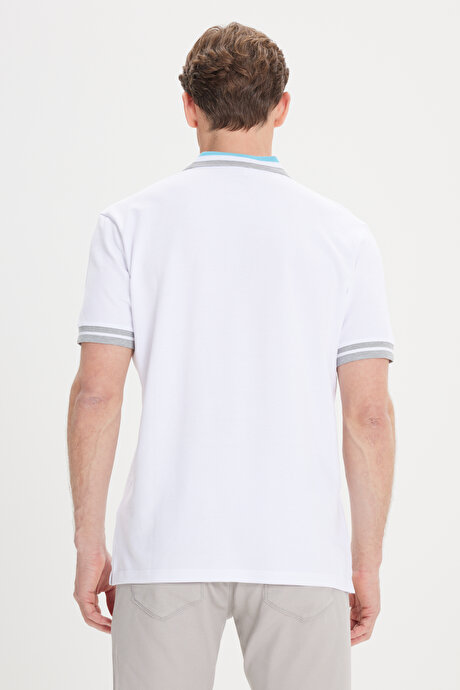 Slim Fit Dar Kesim Polo Yaka %100 Pamuk Beyaz-Turkuaz Tişört resmi