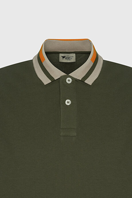 Slim Fit Dar Kesim Polo Yaka %100 Pamuk Haki Tişört resmi