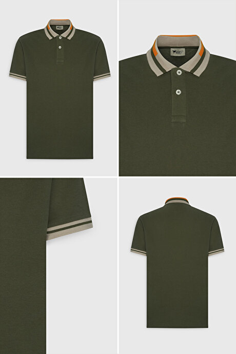 Slim Fit Dar Kesim Polo Yaka %100 Pamuk Haki Tişört resmi