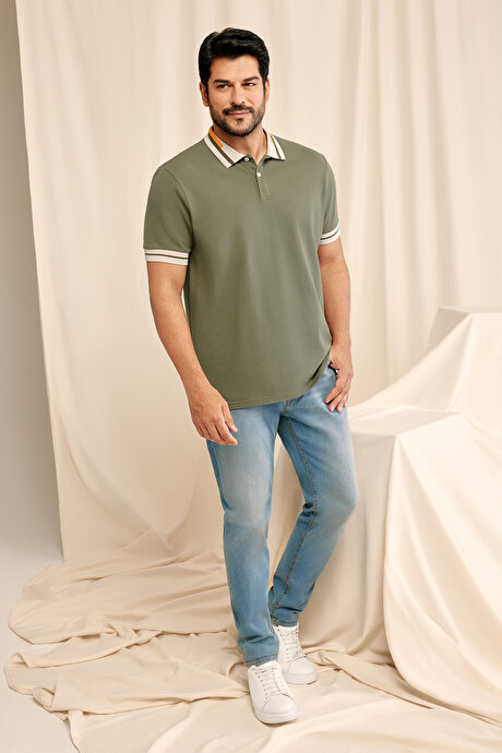 Slim Fit Dar Kesim Polo Yaka %100 Pamuk Haki Tişört resmi