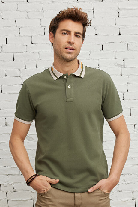 Slim Fit Dar Kesim Polo Yaka %100 Pamuk Haki Tişört resmi