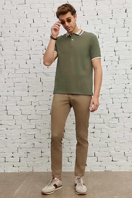 Slim Fit Dar Kesim Polo Yaka %100 Pamuk Haki Tişört resmi