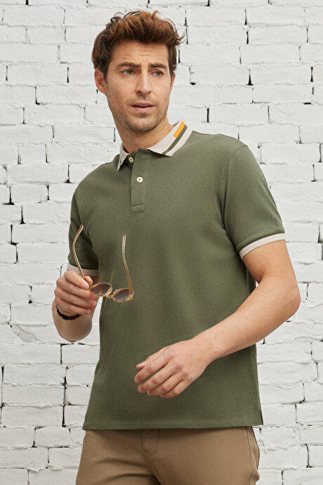 Slim Fit Dar Kesim Polo Yaka %100 Pamuk Haki Tişört resmi