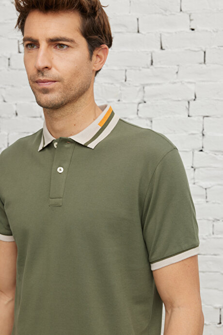 Slim Fit Dar Kesim Polo Yaka %100 Pamuk Haki Tişört resmi