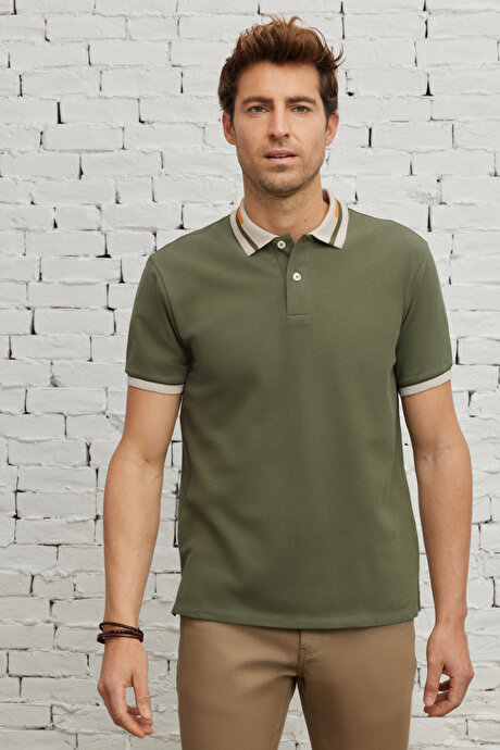 Slim Fit Dar Kesim Polo Yaka %100 Pamuk Haki Tişört resmi