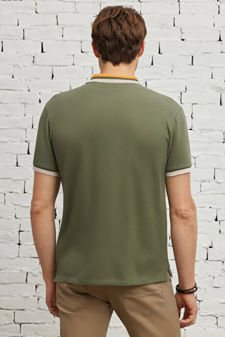 Slim Fit Dar Kesim Polo Yaka %100 Pamuk Haki Tişört resmi