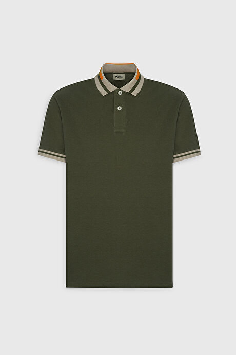 Slim Fit Dar Kesim Polo Yaka %100 Pamuk Haki Tişört resmi