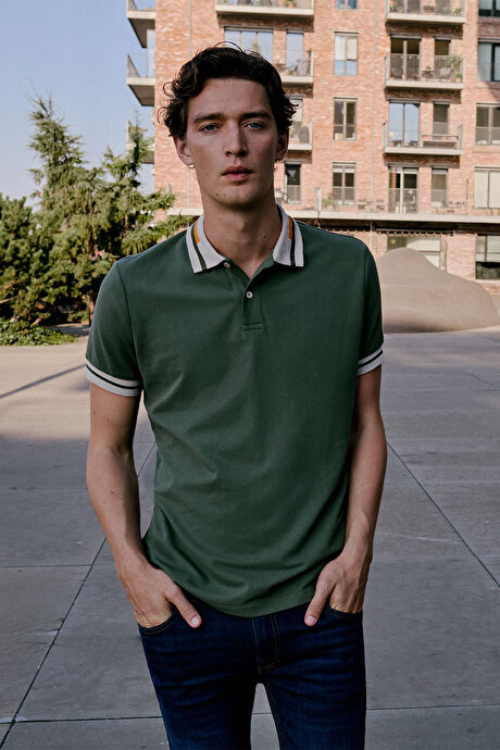 Slim Fit Dar Kesim Polo Yaka %100 Pamuk Haki Tişört resmi