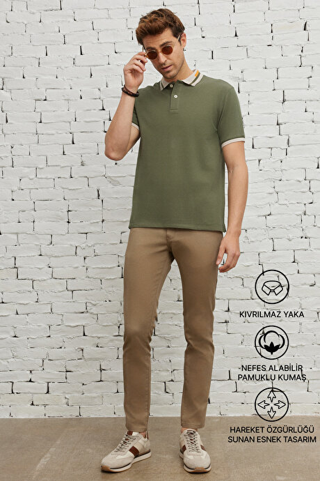 Slim Fit Dar Kesim Polo Yaka %100 Pamuk Haki Tişört resmi