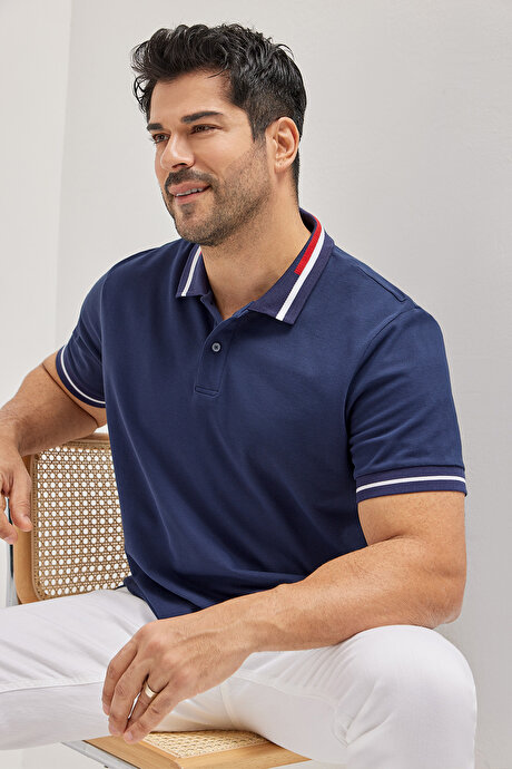Slim Fit Dar Kesim Polo Yaka %100 Pamuk Lacivert Tişört resmi