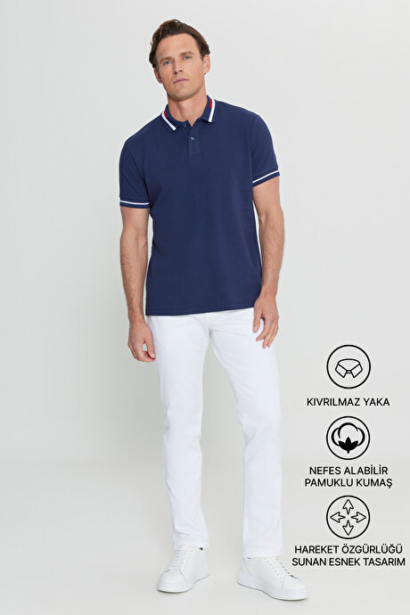 Slim Fit Dar Kesim Polo Yaka %100 Pamuk Lacivert Tişört resmi