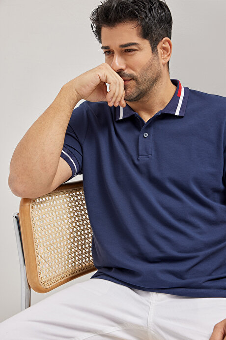 Slim Fit Dar Kesim Polo Yaka %100 Pamuk Lacivert Tişört resmi