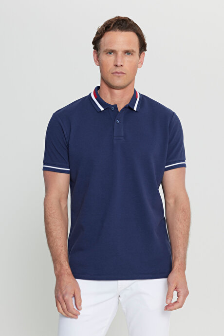 Slim Fit Dar Kesim Polo Yaka %100 Pamuk Lacivert Tişört resmi