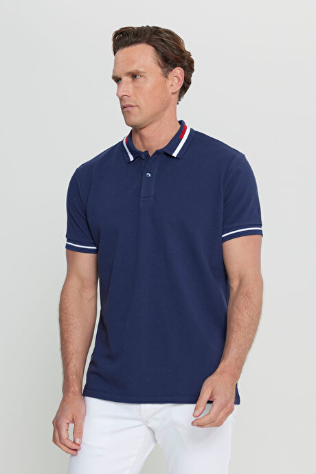 Slim Fit Dar Kesim Polo Yaka %100 Pamuk Lacivert Tişört resmi