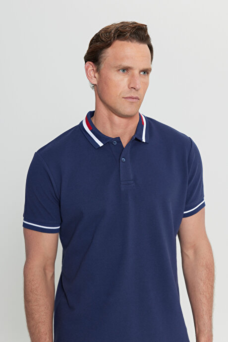 Slim Fit Dar Kesim Polo Yaka %100 Pamuk Lacivert Tişört resmi