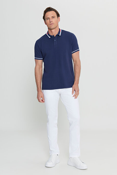 Slim Fit Dar Kesim Polo Yaka %100 Pamuk Lacivert Tişört resmi