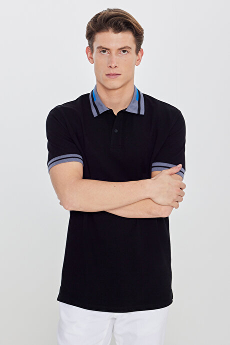 Slim Fit Dar Kesim Polo Yaka %100 Pamuk Siyah Tişört resmi