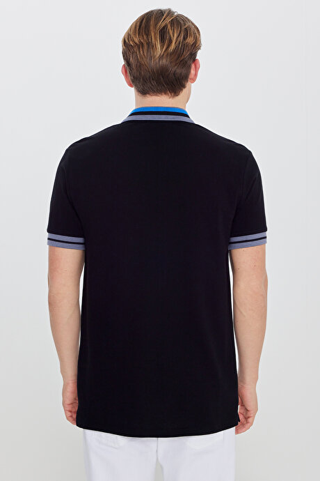 Slim Fit Dar Kesim Polo Yaka %100 Pamuk Siyah Tişört resmi
