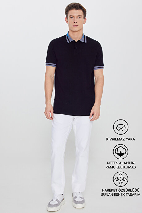 Slim Fit Dar Kesim Polo Yaka %100 Pamuk Siyah Tişört resmi