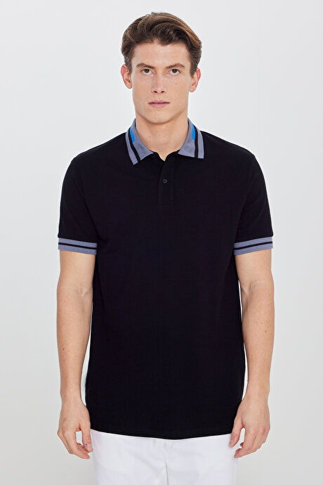 Slim Fit Dar Kesim Polo Yaka %100 Pamuk Siyah Tişört resmi