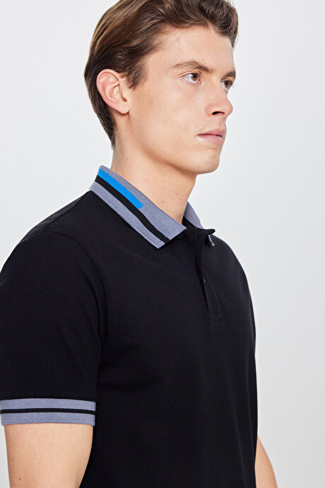 Slim Fit Dar Kesim Polo Yaka %100 Pamuk Siyah Tişört resmi