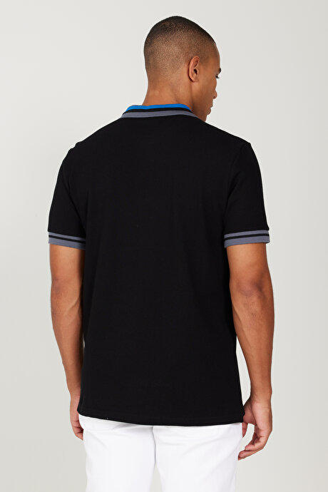 Slim Fit Dar Kesim Polo Yaka %100 Pamuk Siyah Tişört resmi