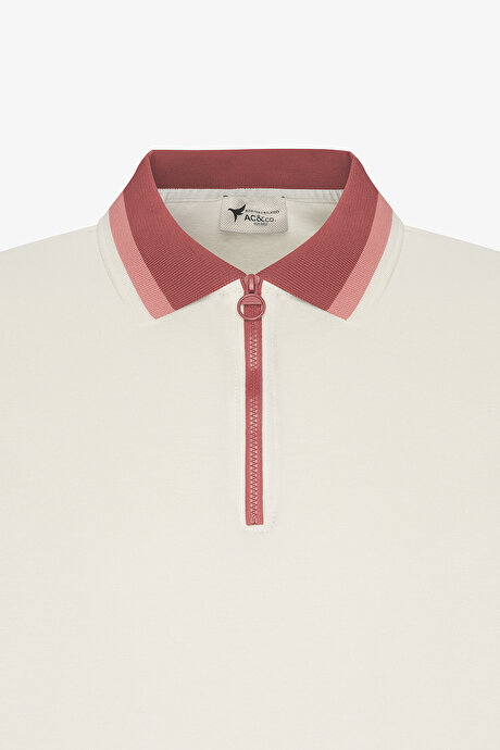 Regular Fit Geniş Kesim Polo Yaka %100 Pamuk Ekru-Bordo Tişört resmi