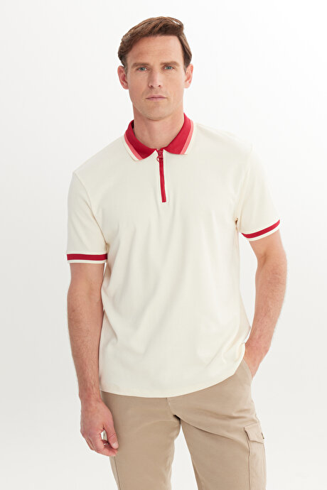 Regular Fit Geniş Kesim Polo Yaka %100 Pamuk Ekru-Bordo Tişört resmi