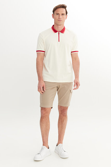 Regular Fit Geniş Kesim Polo Yaka %100 Pamuk Ekru-Bordo Tişört resmi