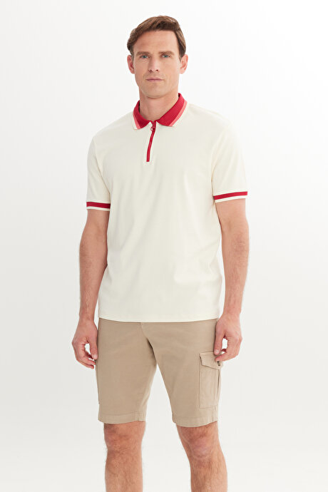 Regular Fit Geniş Kesim Polo Yaka %100 Pamuk Ekru-Bordo Tişört resmi