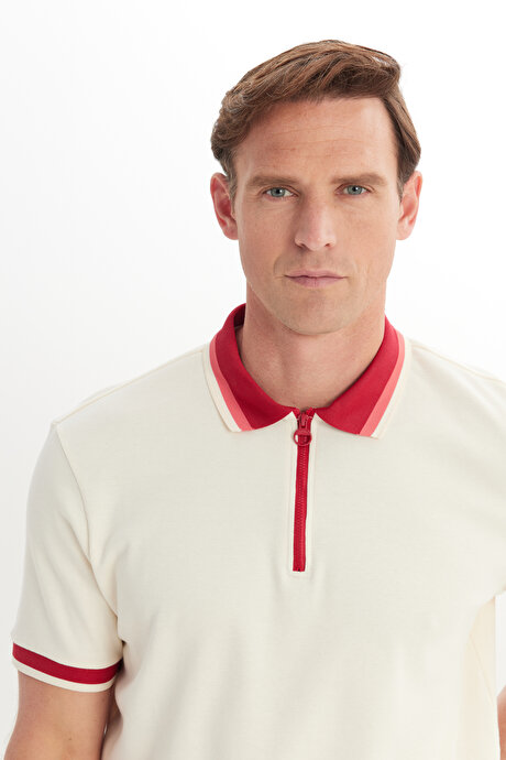 Regular Fit Geniş Kesim Polo Yaka %100 Pamuk Ekru-Bordo Tişört resmi