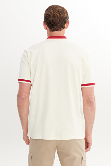 Regular Fit Geniş Kesim Polo Yaka %100 Pamuk Ekru-Bordo Tişört resmi