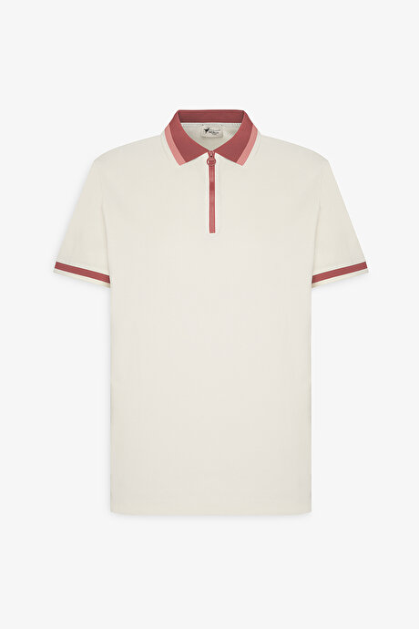 Regular Fit Geniş Kesim Polo Yaka %100 Pamuk Ekru-Bordo Tişört resmi