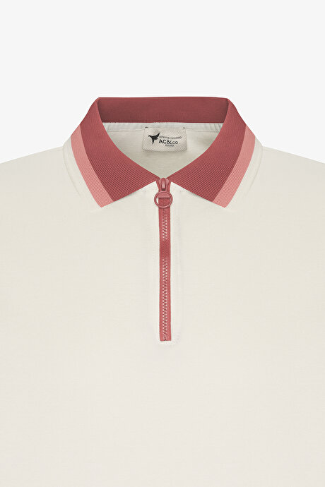 Regular Fit Geniş Kesim Polo Yaka %100 Pamuk Ekru-Bordo Tişört resmi