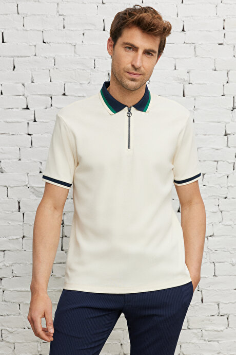 Regular Fit Geniş Kesim Polo Yaka %100 Pamuk Ekru-Lacivert Tişört resmi