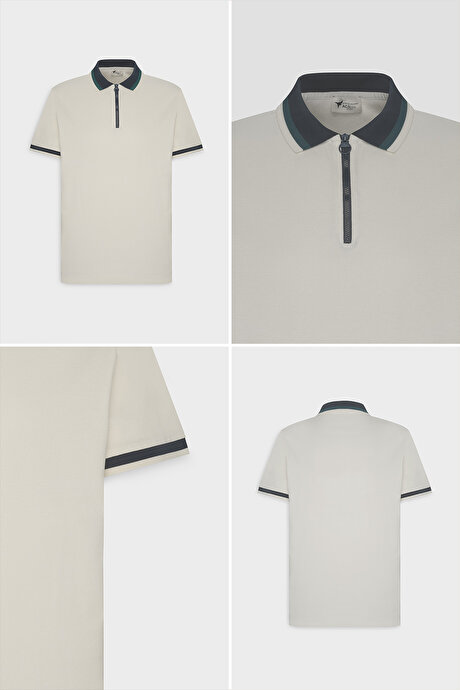 Regular Fit Geniş Kesim Polo Yaka %100 Pamuk Ekru-Lacivert Tişört resmi