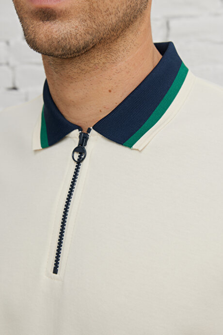 Regular Fit Geniş Kesim Polo Yaka %100 Pamuk Ekru-Lacivert Tişört resmi