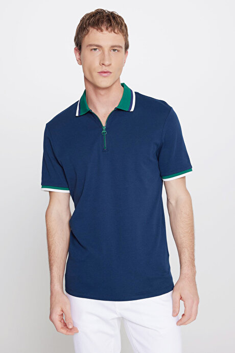 Regular Fit Geniş Kesim Polo Yaka %100 Pamuk Lacivert-Yeşil Tişört resmi