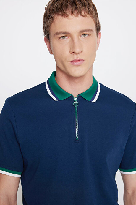Regular Fit Geniş Kesim Polo Yaka %100 Pamuk Lacivert-Yeşil Tişört resmi